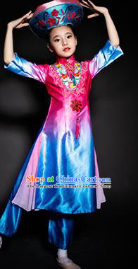 Chinese Jing Nationality Stage Performance Costume Traditional Ethnic Minority Rosy Clothing for Kids