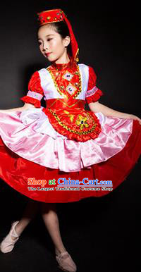 Chinese Tatar Nationality Stage Performance Costume Traditional Ethnic Minority Red Clothing for Kids