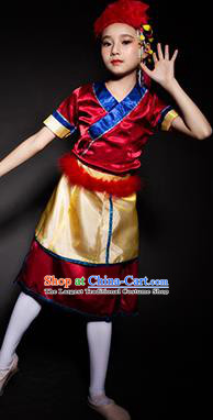 Chinese Moinba Nationality Ethnic Stage Performance Costume Traditional Minority Folk Dance Clothing for Kids