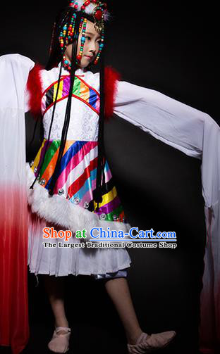 Chinese Zang Nationality Ethnic White Costume Traditional Minority Folk Dance Stage Performance Clothing for Kids
