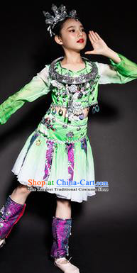 Chinese Miao Nationality Ethnic Green Costume Traditional Minority Folk Dance Stage Performance Clothing for Kids