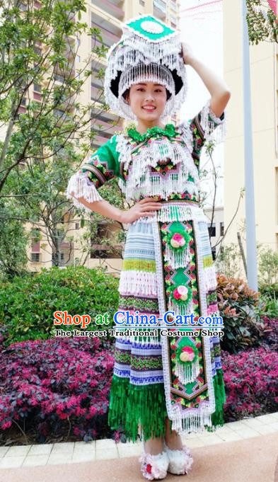 Traditional Chinese Minority Ethnic Folk Dance Green Dress Miao Nationality Stage Performance Costume and Hat for Women