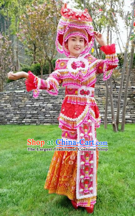 Traditional Chinese Minority Ethnic Bride Folk Dance Red Dress Miao Nationality Stage Performance Costume and Hat for Women
