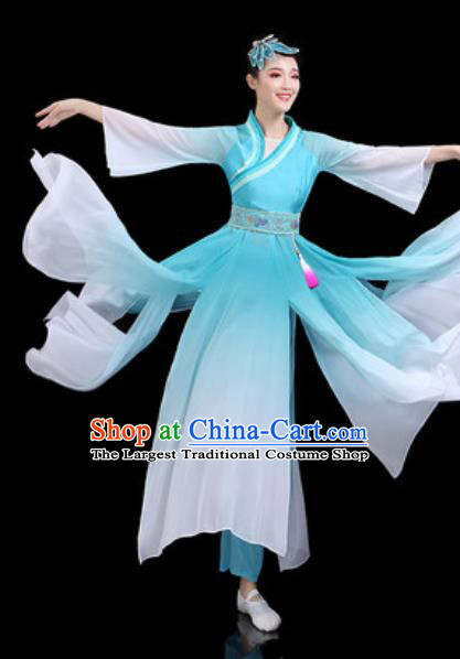 Traditional Chinese Classical Dance Blue Dress Umbrella Dance Stage Performance Costume for Women