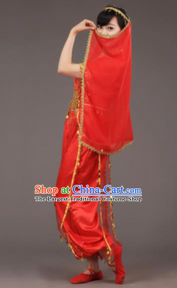 Chinese Uyghur Nationality Ethnic Red Costume Traditional Minority Folk Dance Stage Performance Clothing for Women