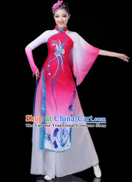 Traditional Chinese Classical Dance Rosy Dress Umbrella Dance Stage Performance Costume for Women