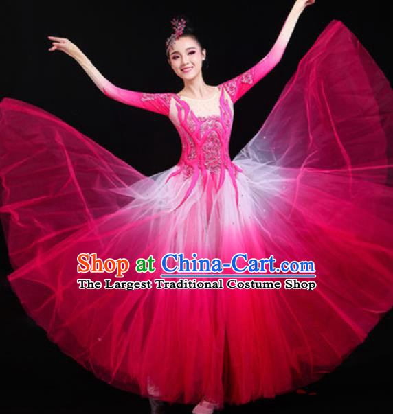 Traditional Chinese Spring Festival Gala Opening Dance Rosy Veil Dress Modern Dance Stage Performance Costume for Women