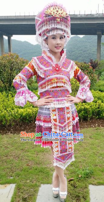 Chinese Traditional Miao Nationality Rosy Short Dress Minority Ethnic Folk Dance Embroidered Costume for Women