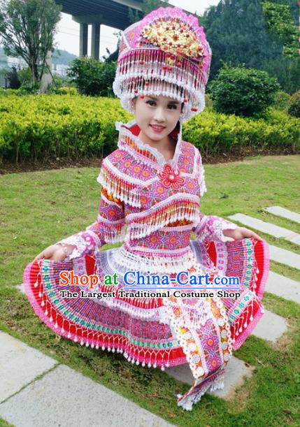 Chinese Traditional Miao Nationality Rosy Short Dress Minority Ethnic Folk Dance Embroidered Costume for Women