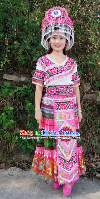 Chinese Traditional Miao Nationality Pink Dress Minority Ethnic Folk Dance Embroidered Costume for Women