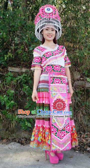 Chinese Traditional Miao Nationality Pink Dress Minority Ethnic Folk Dance Embroidered Costume for Women