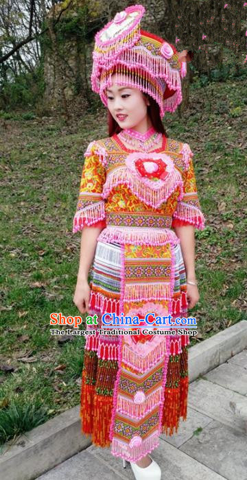 Chinese Traditional Miao Nationality Bride Red Dress Minority Ethnic Folk Dance Costume for Women