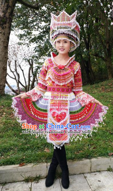 Chinese Traditional Miao Nationality Rosy Short Dress Minority Ethnic Folk Dance Costume for Women