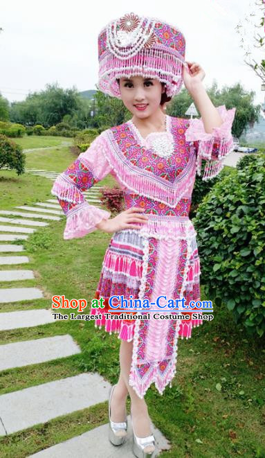 Traditional Chinese Miao Nationality Wedding Pink Short Dress Minority Ethnic Folk Dance Costume for Women