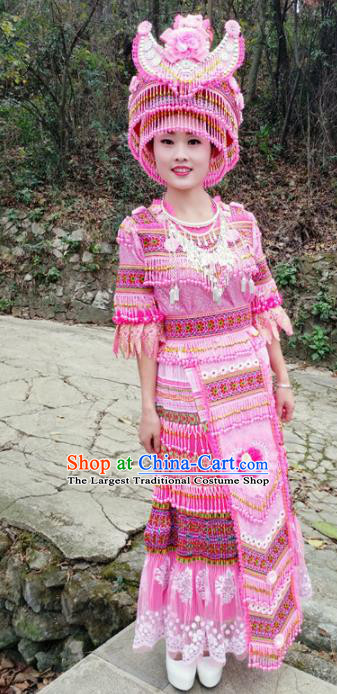 Traditional Chinese Miao Nationality Pink Dress Minority Ethnic Folk Dance Costume for Women
