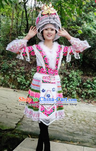 Traditional Chinese Miao Nationality White Short Dress Minority Ethnic Folk Dance Costume for Women