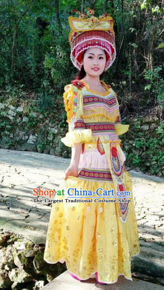 Chinese Traditional Miao Nationality Yellow Dress Minority Ethnic Folk Dance Costume for Women