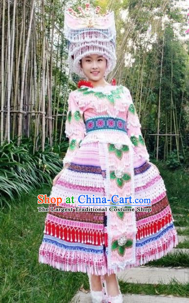 Traditional Chinese Miao Nationality Pink Pleated Dress Minority Ethnic Folk Dance Costume and Hat for Women