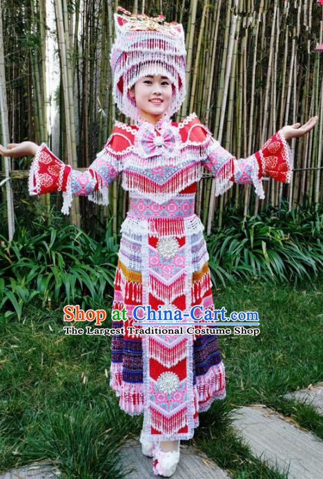Traditional Chinese Miao Nationality Folk Dance Red Dress Minority Ethnic Wedding Stage Performance Costume for Women