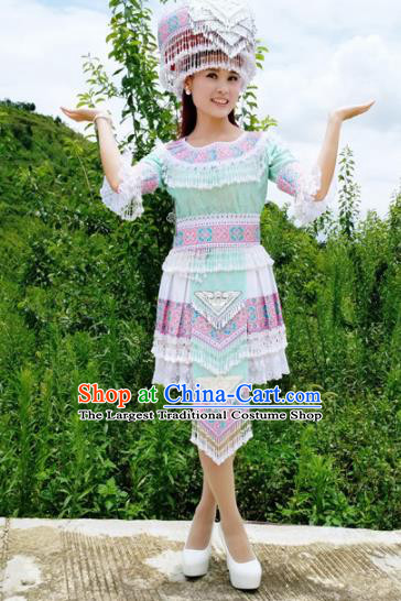 Traditional Chinese Miao Nationality Folk Dance Green Short Dress Minority Ethnic Wedding Stage Performance Costume for Women