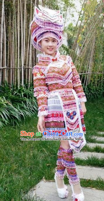 Chinese Traditional Miao Nationality Red Short Dress Minority Ethnic Folk Dance Costume for Women
