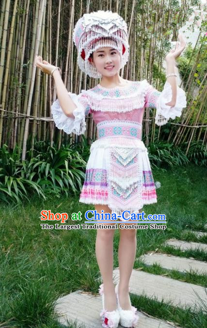 Traditional Chinese Miao Nationality Pink Short Dress Minority Ethnic Folk Dance Stage Performance Costume for Women