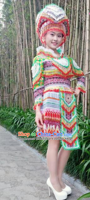 Chinese Traditional Miao Nationality Green Beads Short Dress Minority Ethnic Folk Dance Costume for Women