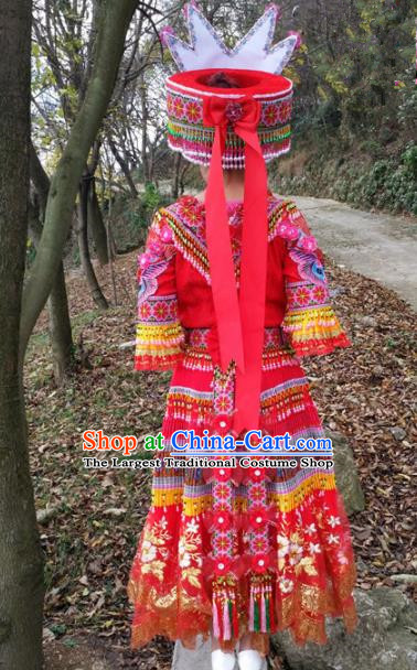 Traditional Chinese Miao Nationality Embroidered Red Dress Minority Ethnic Folk Dance Stage Performance Costume for Women