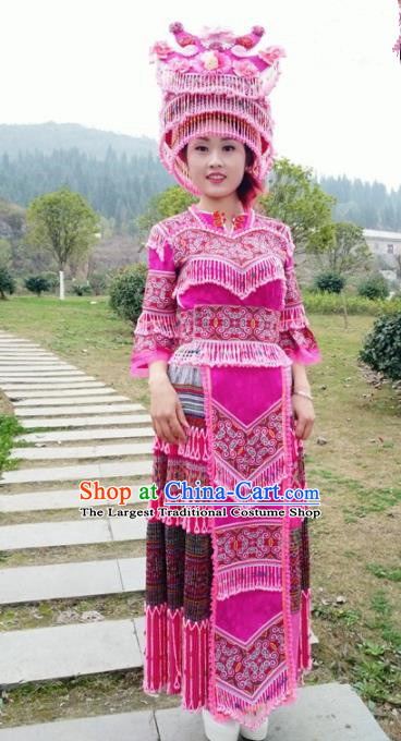 Traditional Chinese Minority Ethnic Folk Dance Rosy Dress Miao Nationality Stage Performance Costume and Hat for Women
