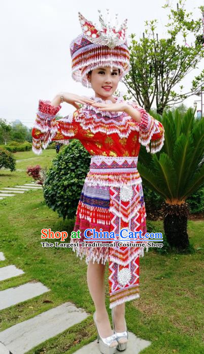 Traditional Chinese Minority Ethnic Folk Dance Red Short Dress Miao Nationality Stage Performance Costume and Hat for Women