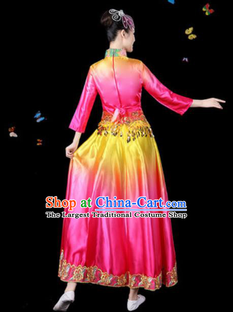 Traditional Chinese Classical Dance Chorus Rosy Dress Umbrella Dance Group Dance Stage Performance Costume for Women
