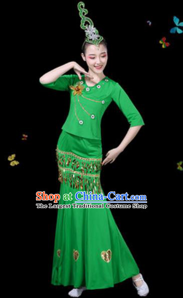 Traditional Chinese Minority Ethnic Peacock Dance Green Dress Dai Nationality Stage Performance Costume for Women