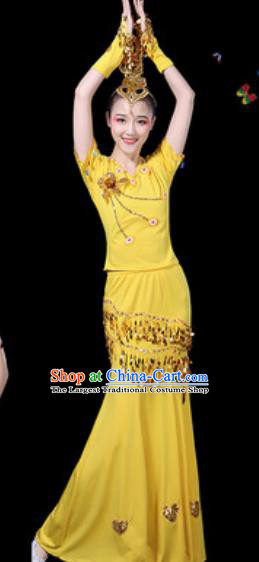 Traditional Chinese Minority Ethnic Peacock Dance Yellow Dress Dai Nationality Stage Performance Costume for Women