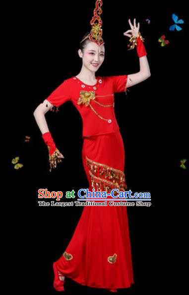 Traditional Chinese Minority Ethnic Peacock Dance Red Dress Dai Nationality Stage Performance Costume for Women