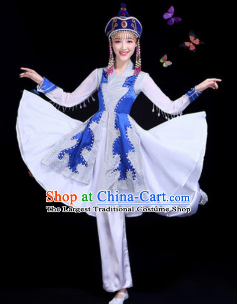 Traditional Chinese Minority Ethnic Blue Dress Mongol Nationality Dance Stage Performance Costume for Women