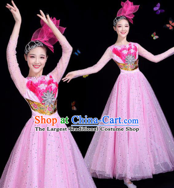 Traditional Chinese Modern Dance Pink Veil Dress Spring Festival Gala Opening Dance Stage Performance Costume for Women