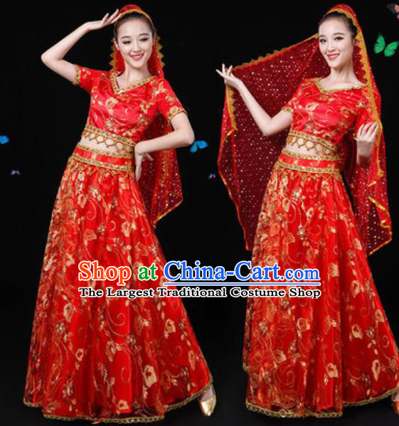 Traditional Chinese Minority Ethnic Red Dress Uyghur Nationality Folk Dance Stage Performance Costume for Women