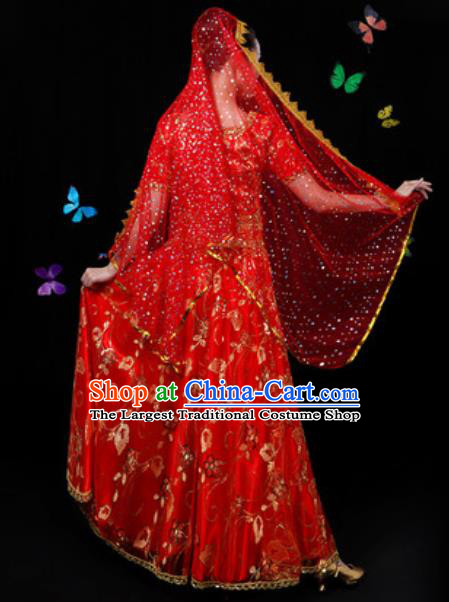 Traditional Chinese Minority Ethnic Red Dress Uyghur Nationality Folk Dance Stage Performance Costume for Women