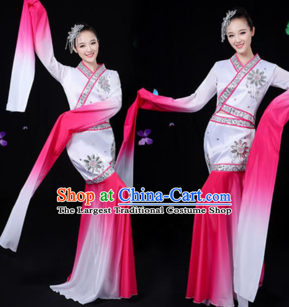 Chinese Traditional Classical Dance Rosy Water Sleeve Dress Umbrella Dance Group Dance Stage Performance Costume for Women