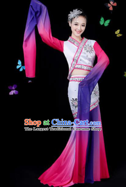 Chinese Traditional Classical Dance Purple Water Sleeve Dress Umbrella Dance Group Dance Stage Performance Costume for Women