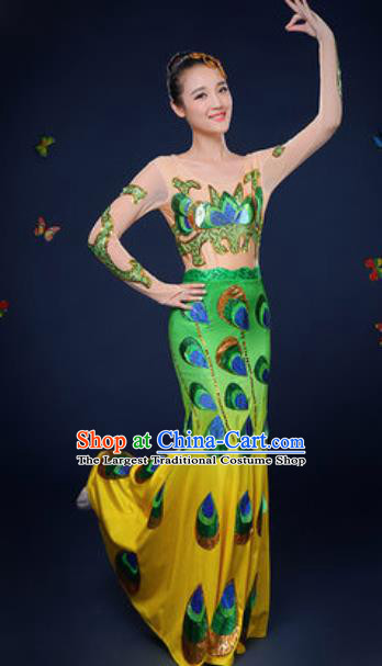 Traditional Chinese Minority Ethnic Green Dress Dai Nationality Dance Stage Performance Costume for Women