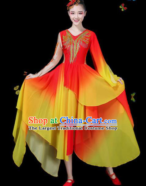 Chinese Traditional Classical Dance Red Dress Umbrella Dance Group Dance Stage Performance Costume for Women