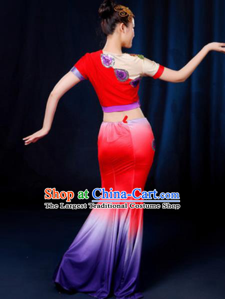 Traditional Chinese Minority Ethnic Red Dress Dai Nationality Peacock Dance Stage Performance Costume for Women