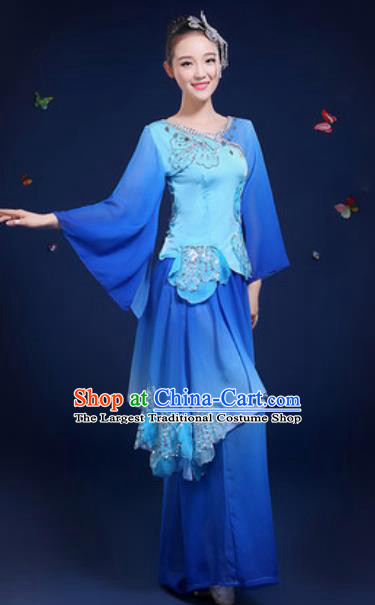 Chinese Traditional Classical Dance Group Dance Blue Dress Umbrella Dance Stage Performance Costume for Women