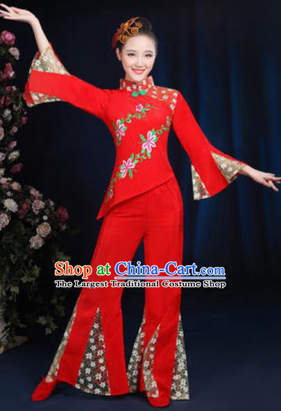 Traditional Chinese Yangko Fan Dance Red Clothing Folk Dance Stage Performance Costume for Women