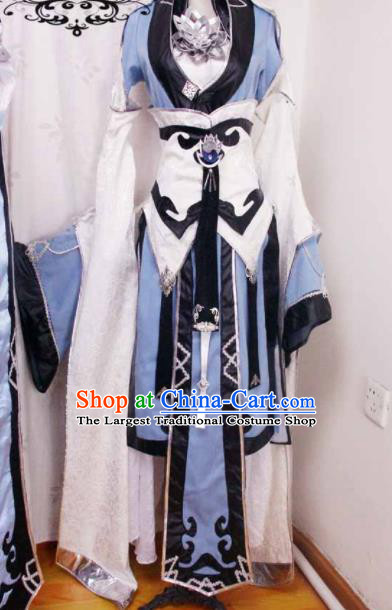 Traditional Chinese Cosplay Swordswoman Blue Hanfu Dress Ancient Court Princess Embroidered Costume for Women