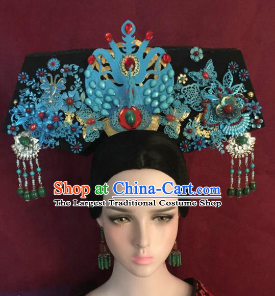 Traditional Chinese Qing Dynasty Imperial Consort Blue Headwear Ancient Manchu Lady Hair Accessories for Women