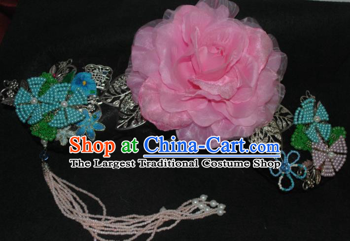 Traditional Chinese Qing Dynasty Princess Pink Peony Tassel Headwear Ancient Manchu Lady Hair Accessories for Women