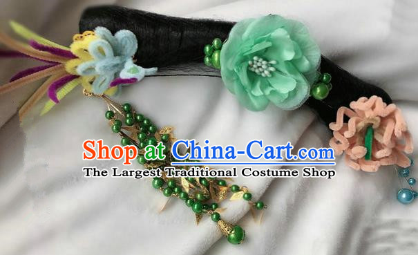 Traditional Chinese Qing Dynasty Imperial Consort Green Peony Tassel Headwear Ancient Palace Manchu Hair Accessories for Women