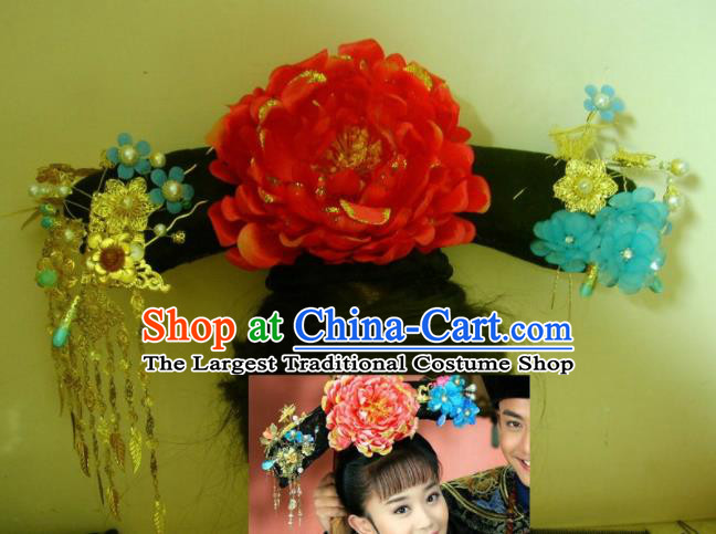 Chinese Traditional Qing Dynasty Princess Red Peony Headwear Ancient Palace Lady Hair Accessories for Women